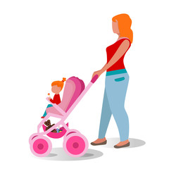 Mom with baby in a stroller. Feminine. Graphic vector drawing in cartoon style. Can be used for collages of childrens illustrations, web design.