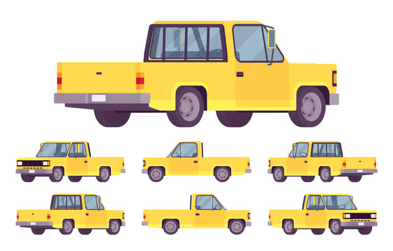 Pickup truck yellow set with cab and open cargo area. Large passenger van car, commercial vehicle for country travel or city delivery business. Vector flat style cartoon illustration, different views
