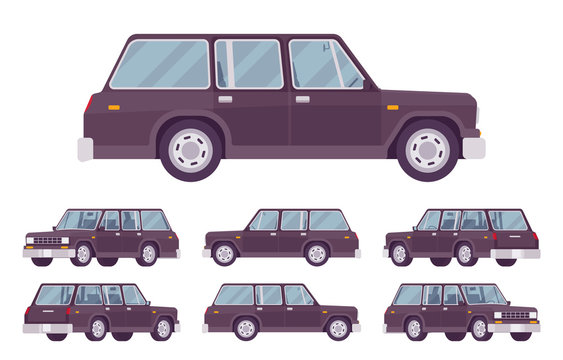 Station wagon, estate car black set. Large family auto, urban and country comfortable transportation, classic automobile for business service. Vector flat style cartoon illustration, different views