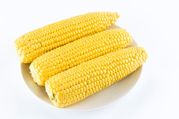 Close-up of fresh sweet corn on a white dish