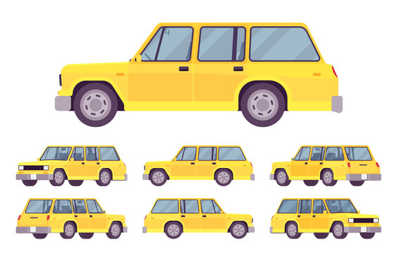 Station wagon, estate car yellow set. Large family auto, urban and country comfortable transportation, classic automobile for business service. Vector flat style cartoon illustration, different views