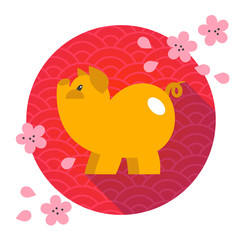 Vector yellow flat pig on red background with flowers