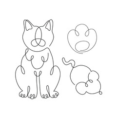 Drawing a cat, footprints, and mouse in the style of line art. Vector logo with an image of an animal. Stock image. Stylish, abstract print with a kitten