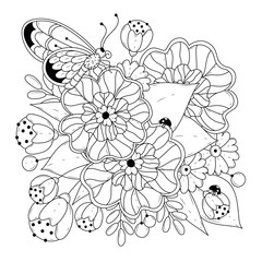 Square vector illustration. Coloring page for children and adults with flowers, butterfly and ladybirds. Black-white background for interior design, print on fabric or paper, tattoo, henna drawing.