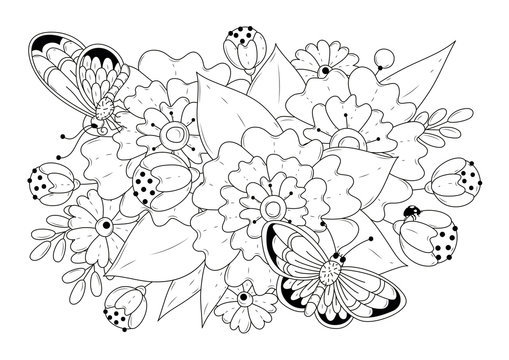 Coloring page for children and adults. Vector black and white illustration depicting flowers, a butterfly and a ladybug. Floral background for design, coloring, printing on fabric or paper, tattoo or 