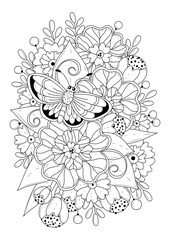 Floral black-white background, coloring page for children and adults. Beautiful flowers and a butterfly. Vector illustration.