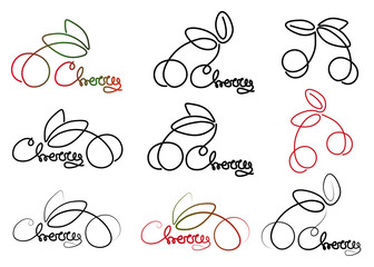 Set Cherry word logo,hand drawn,line graphics elements 