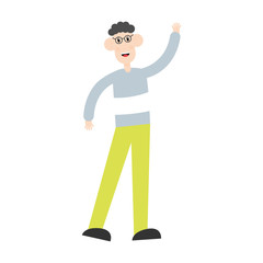 Young man with raised hand. Happy employee standing and waving with his hand vector isolated on white. Curly student with glasses character celebrating success. Welcoming gesture illustration