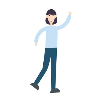 Young woman with raised hand and greeting someone. Employee standing and waving with her hand vector isolated on white. Student character celebrating success. Welcoming gesture illustration