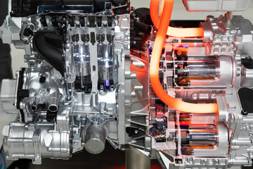 Close up of car hybrid engine. Hybrid electric car engine.. - obrazy, fototapety, plakaty