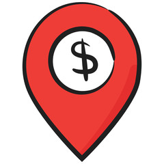 Obraz premium Business location, dollar inside location pin in modern doodle style 
