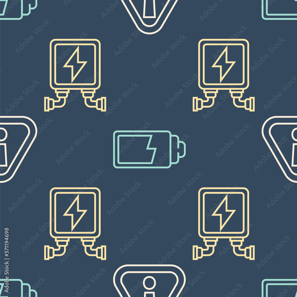 Poster set line exclamation mark in triangle, electric transformer and battery charge level indicator on se