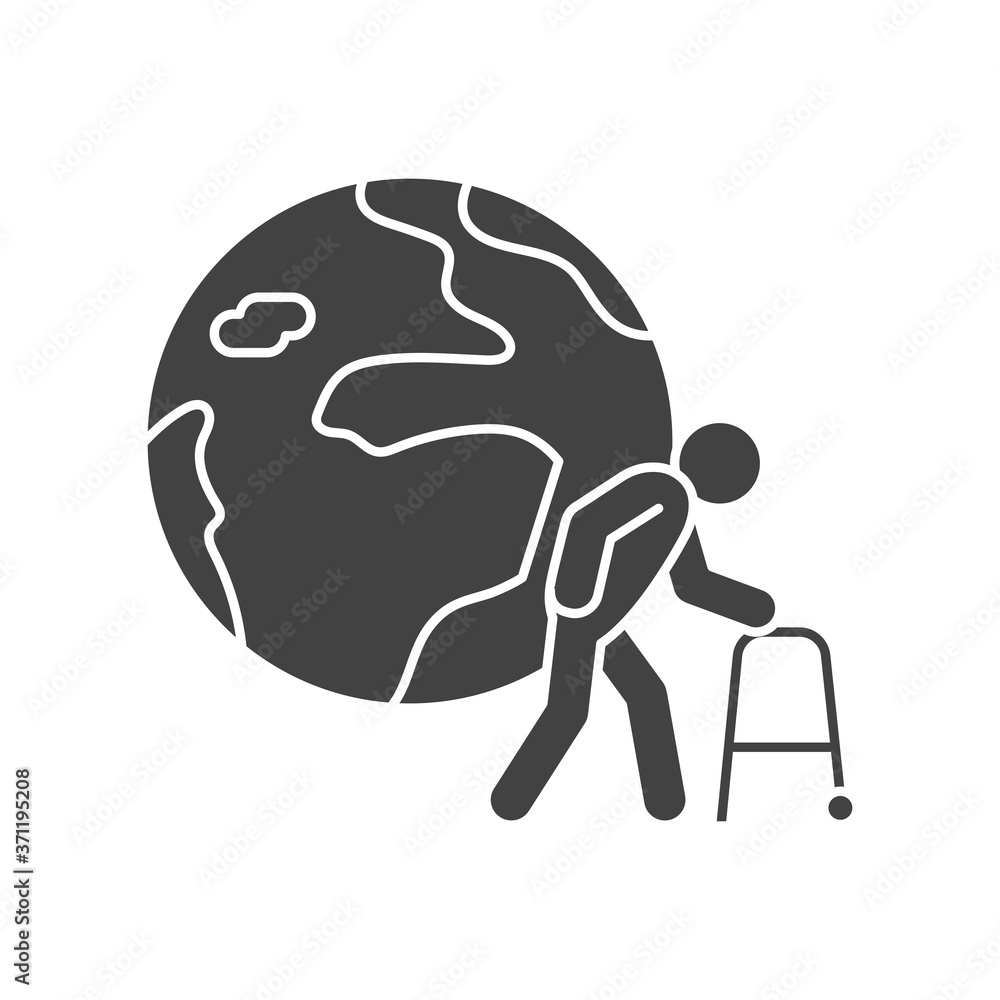 Poster population ageing black glyph icon. environmental problems. sign for web page, app. ui ux gui design