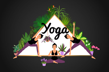 Greeting card template with three girls in yoga poses, tropical plants arrangement. Floral frame design. Vector illustration.