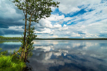 Lake with a mirror image on a Sunny day, blue sky and white clouds.