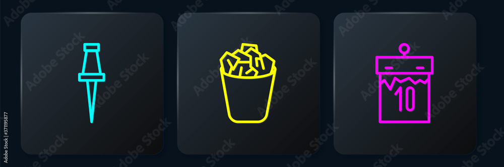 Poster set line push pin, calendar and full trash can. black square button. vector.