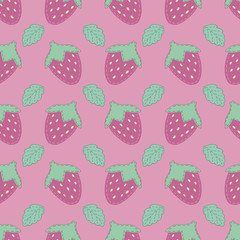 cute strawberries with decorative stitching for girl, toy, vector seamless pattern on pink background