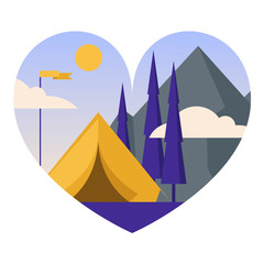 Heart shaped vector landscape illustration for summer camp with tent, mountains, trees, sun, clouds and flag in flat style.  