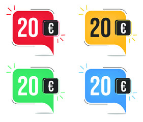 €20 euro price. Yellow, red, blue and green currency tags. Balloon concept with twenty euros for sales.