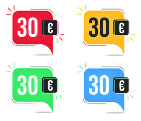 €30 euro price. Yellow, red, blue and green currency tags. Balloon concept with thirty euros for sales.