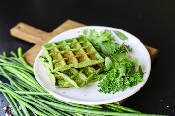 green waffles spinach, green beans, vegetables natural product portion serving size organic healthy eating top view place for text copy space second course