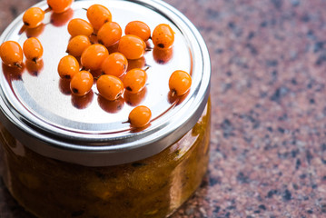 Delicious jam in a jar of sea buckthorn