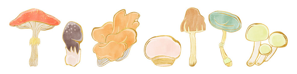秋の金フチきのこ素材水彩手描きイラスト