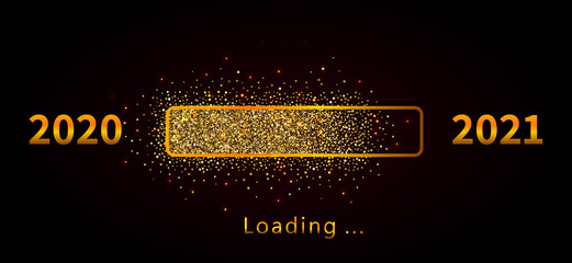 New year 2021 loading progress bar with golden glitter confetti isolated on black background. Holiday banner, poster, greeting card or invitation template. Vector New Year illustration
