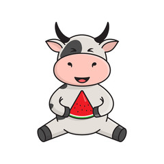 A cute bull or cow sits and eats a slice of watermelon. 2021 - The year of the Ox in the Eastern calendar. Vector stock flat illustration isolated on a white background