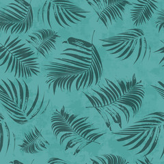 Vector turquoise seamless trendy wall background. Palm leaves silhouettes