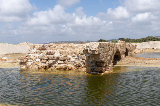 Remains  of a bridge across Nahal Taninim River - Crocodile River near ruins of Turris Slinarum - Salt Tower fortress near to Jisr Ez Zarqa arab village. Located near the Atlit city in northern Israel