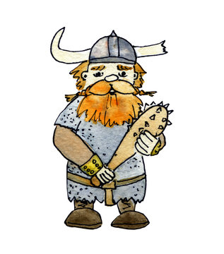 Watercolor viking with a club