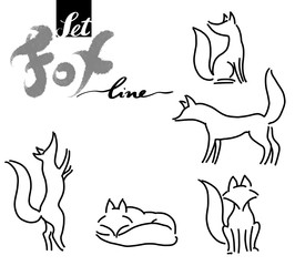 Linear ink set of illustrations with isolated fox silhouettes. Monotonous line of foxes in various poses of movement on a white background. Set for logo, animation, drawing, textiles, patterns, printi