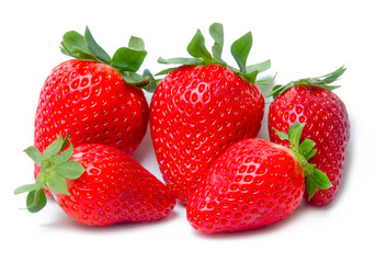 Strawberries with strawberry leaf on white background. Fresh sweet fruit closeup.
