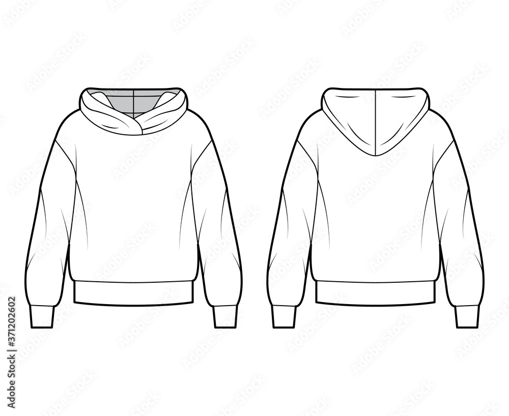 Wall mural Oversized cotton-fleece hoodie technical fashion illustration with relaxed fit, long sleeves. Flat outwear jumper apparel template front, back white color. Women, men, unisex sweatshirt top CAD mockup - Wall murals
