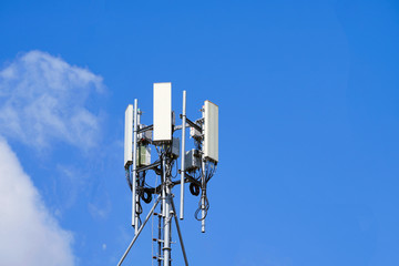 Telecommunication pole of 4G and 5G cellular. Base Station or Base Transceiver Station. 5G radio network telecommunication equipment with radio modules and smart antennas mounted on a metal.  