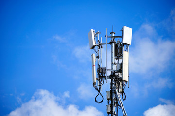 Telecommunication pole of 4G and 5G cellular. Base Station or Base Transceiver Station. 5G radio network telecommunication equipment with radio modules and smart antennas mounted on a metal.  