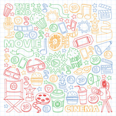Cinema, movie, film doodles hand drawn sketchy vector symbols and objects
