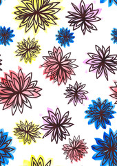 A seamless pattern with watercolor astras and a white contour. - 371203203