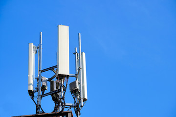 Telecommunication pole of 4G and 5G cellular. Base Station or Base Transceiver Station. 5G radio...
