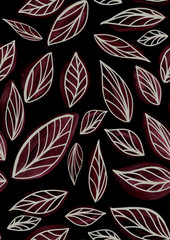 A seamless pattern of red watercolor leaves with a white contour.  - 371203282