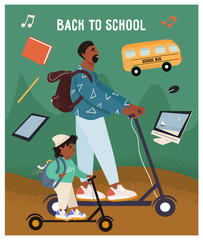 Funny african american father and son on electric scooters. Yellow bus, back to school concept. Autumn flat poster in cartoon style with school office. School reopening after the pandemic.  