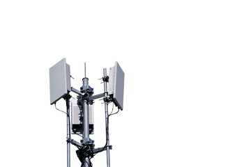 Telecommunication pole of 4G and 5G cellular. Base Station or Base Transceiver Station. 5G radio network telecommunication equipment with radio modules and smart antennas mounted on a metal.  