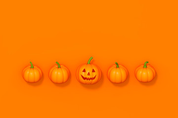 Halloween pumpkin in row on orange background 3d rendering. 3d illustration pumpkin for celebration Halloween event template minimal style concept.