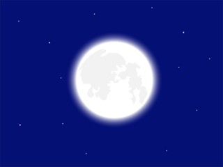 The illustration of a bright full moon with stars on a dark blue sky. Moonlight night 