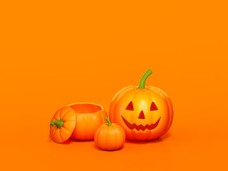 Halloween pumpkin on orange background 3d rendering. 3d illustration pumpkin for celebration Halloween event template minimal style concept.