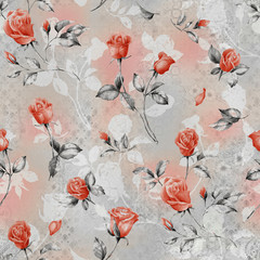 Rose seamless flowers on gray abstract background
