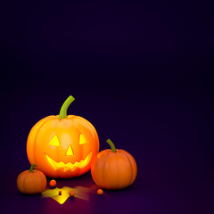 Halloween pumpkin with candle light on dark violet background 3d rendering. 3d illustration cute pumpkin for celebration Halloween event template minimal style concept.