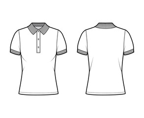 Polo shirt technical fashion illustration with cotton-jersey short sleeves, oversized, buttons along the front. Flat outwear apparel template front, back, white color. Women men unisex top CAD mockup