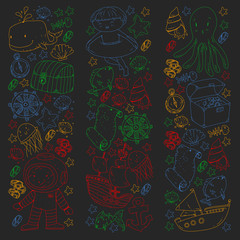 Vector icons of sea ocean adventure for little children. Nautical pattern for kids. Whale, pirates, pirate map, treasure chest, diving and fishes.